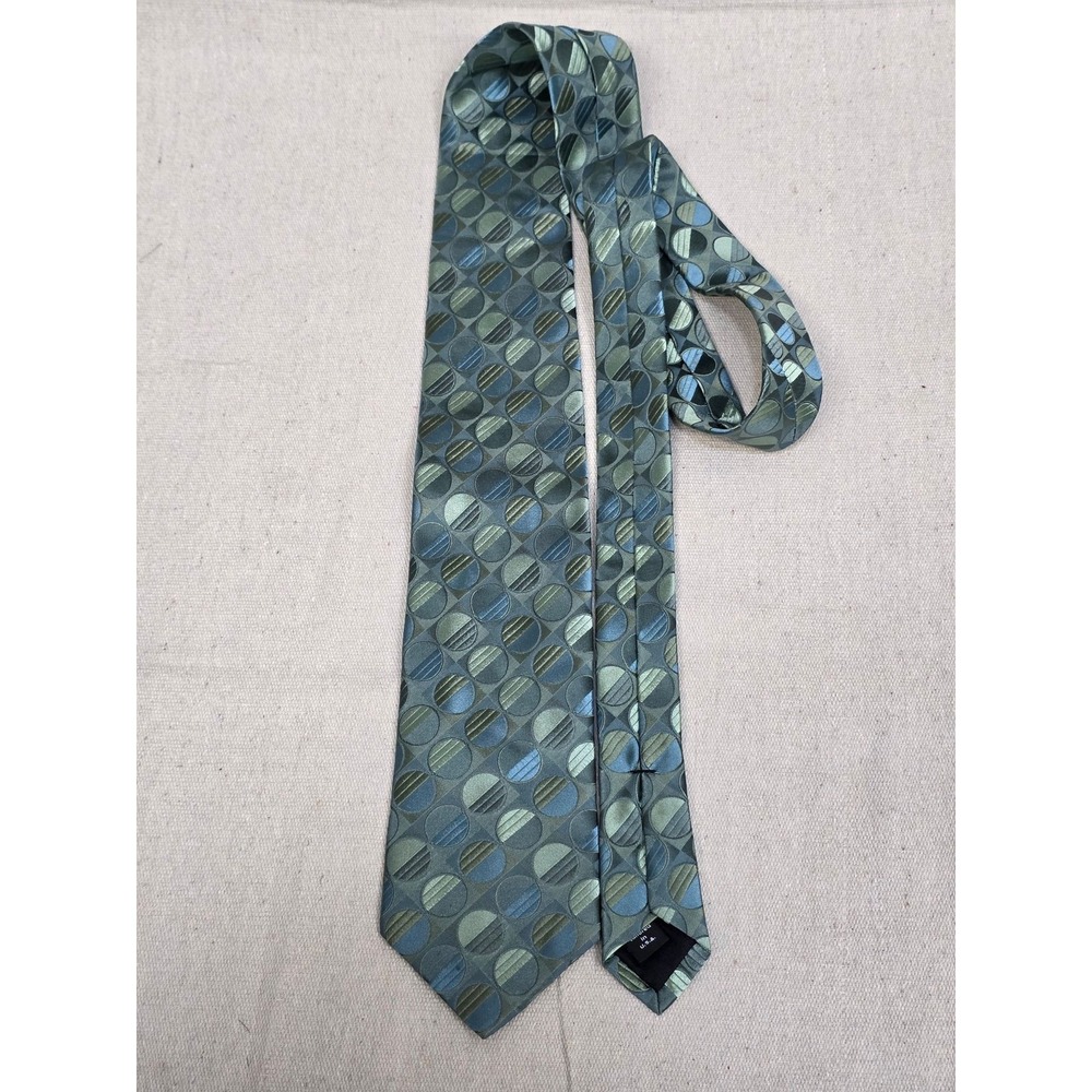 Murano Mens Silk Necktie Green Blue Geometric‎ Circle Pattern Tailored in USA